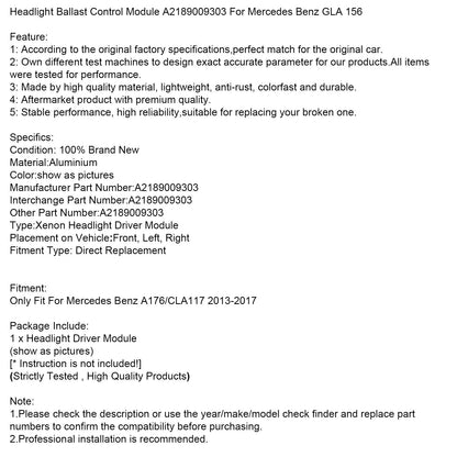 Modulo di controllo della zavorra dei fari Mercedes Benz A176/CLA117 2013-2017 A2189009303