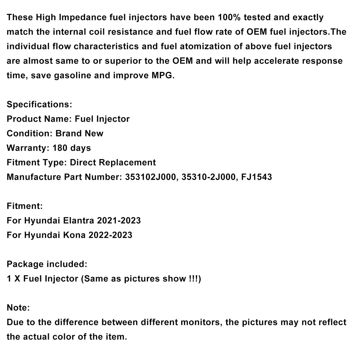1 iniettore di carburante 353102J000 per Elantra 2021-2023 e Kona 2022-2023 2.0L
