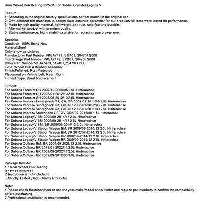 2012/07-2014/12 Subaru Legacy V Station Wagon BM, BR 2.5L Hinterachse Cuscinetto mozzo ruota posteriore 512401