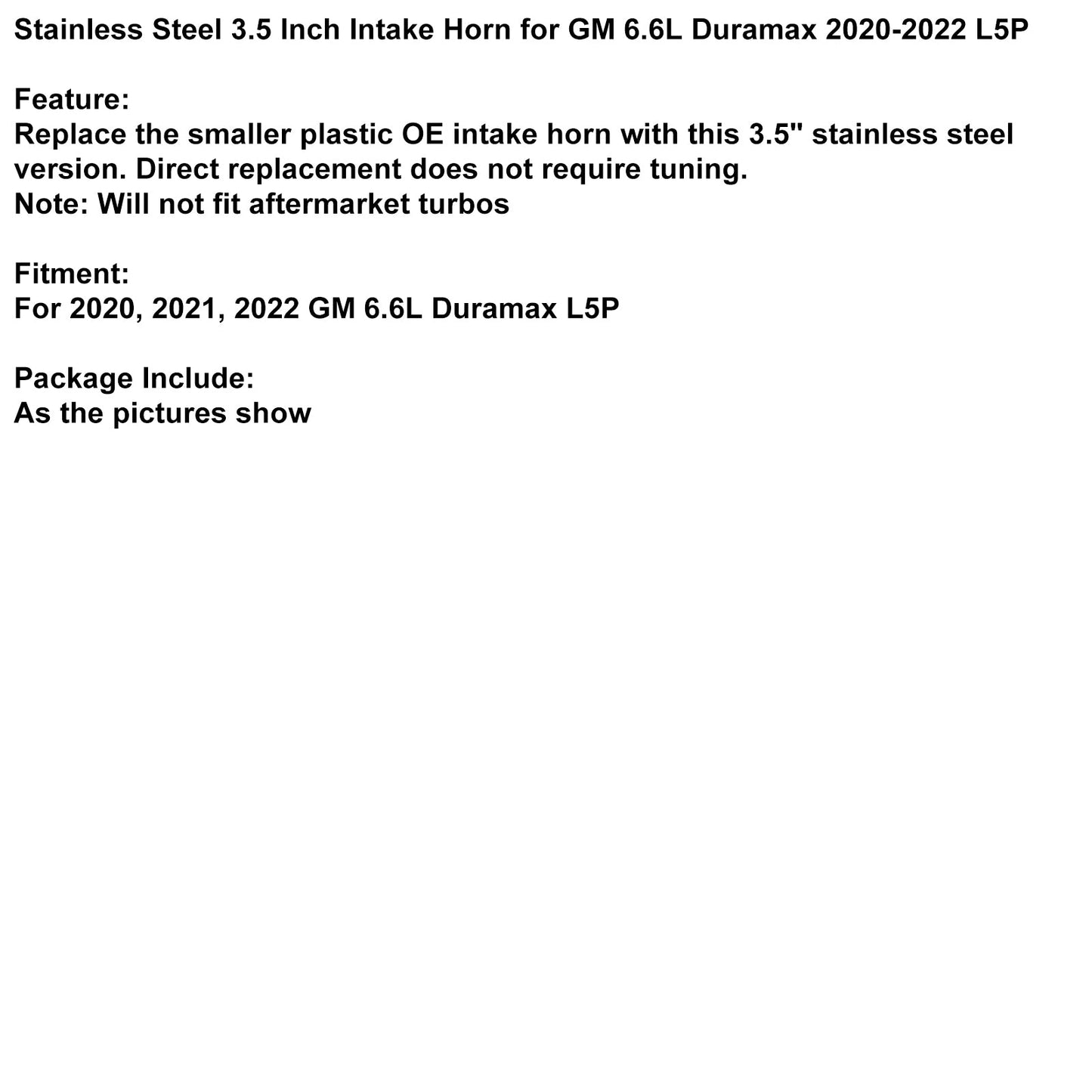Avvisatore acustico di aspirazione da 3,5 pollici in acciaio inossidabile Duramax L5P GM 6.6L 2020-2022