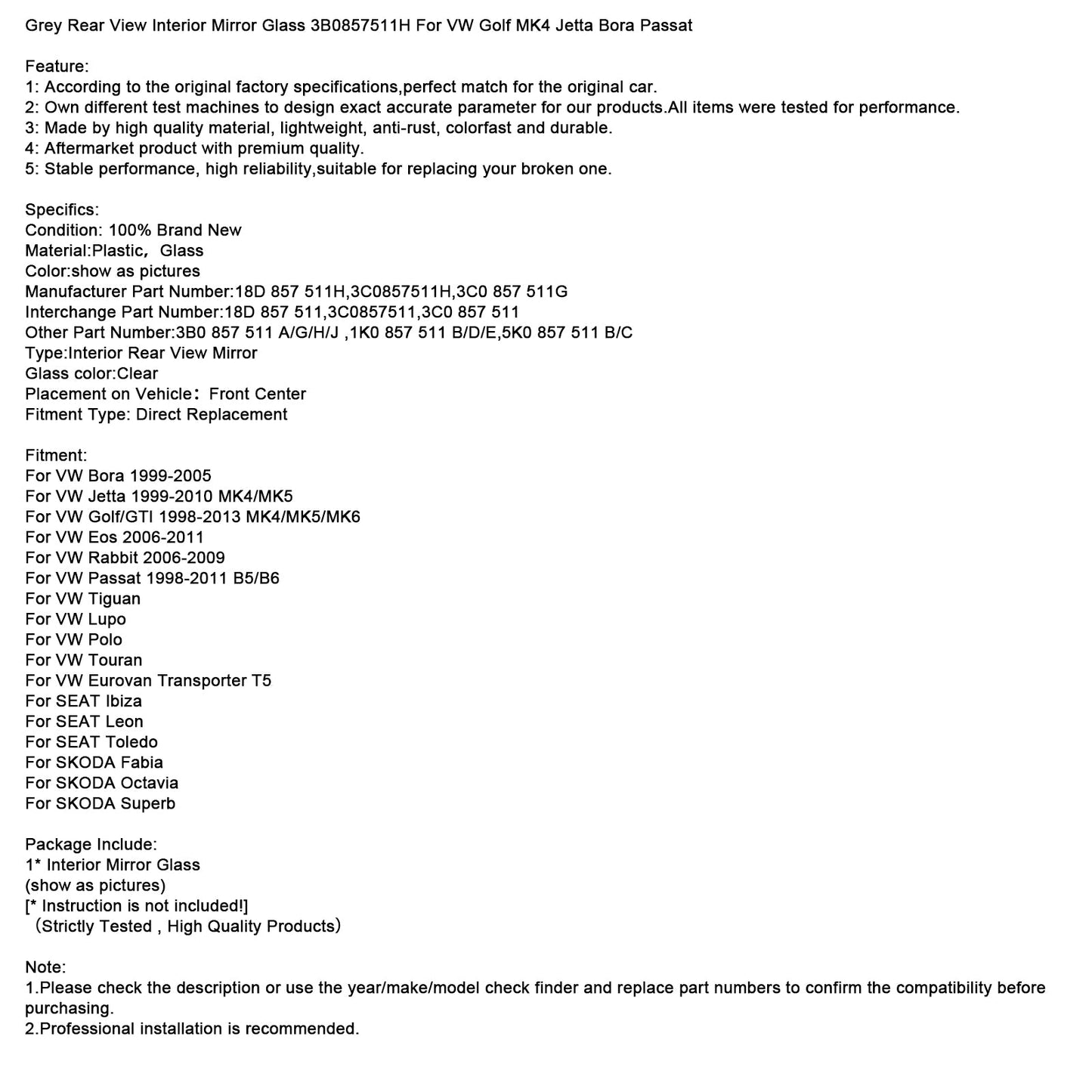 Specchietto retrovisore interno grigio 3B0857511H per VW Golf MK4 Jetta Passat