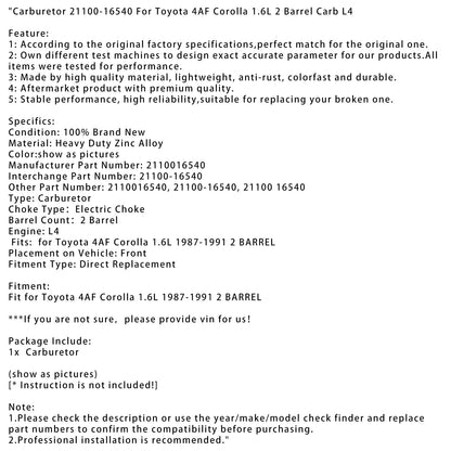 1987-1991 Toyota 4AF Corolla 1.6L Carburatore 2 CORPI 21100-16540