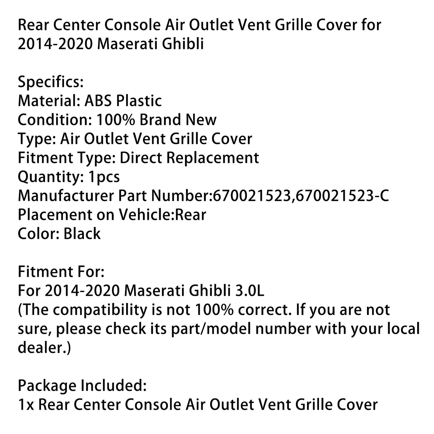 Griglia di copertura della presa d'aria della console centrale posteriore Maserati Ghibli 2014-2020