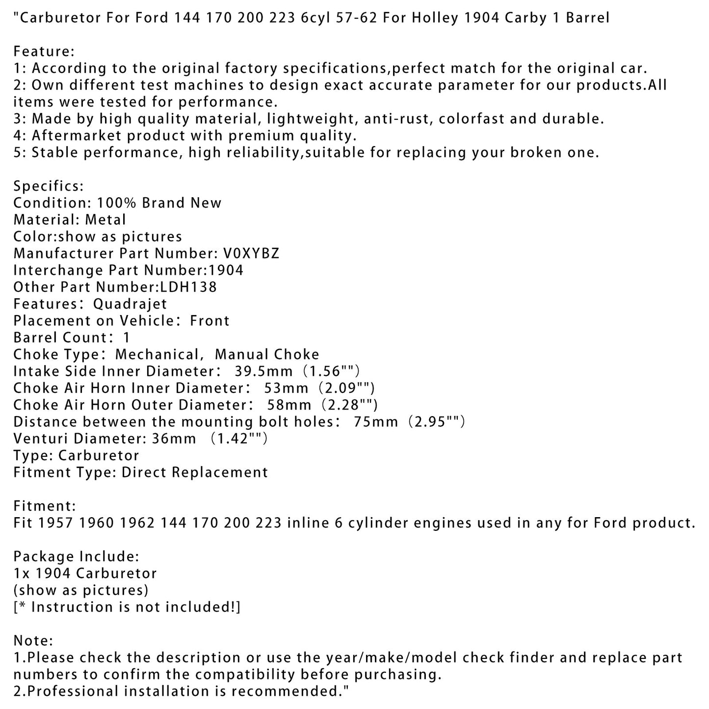 Carburatore per Ford 144 170 200 223 6 cilindri 57-62 per Holley 1904 Carby 1 barile