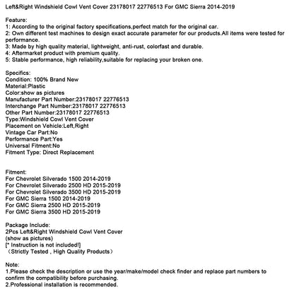 Copertura di sfiato del parabrezza sinistro e destro 23178017 22776513 per GMC Sierra 14-19