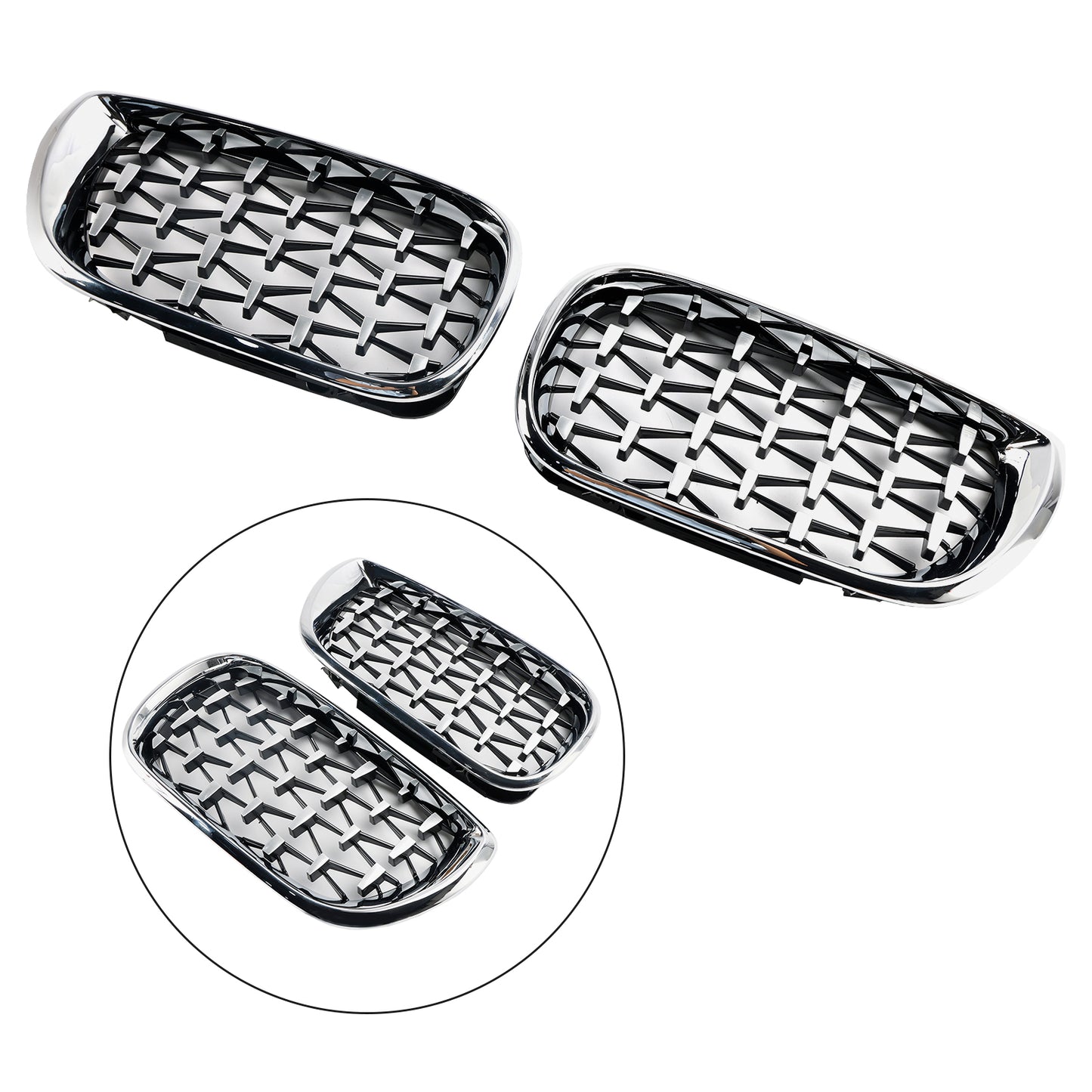 Pair Chrome Diamond Grille For BMW E46 Saloon/Touring Facelift 2002-2005 4Dr