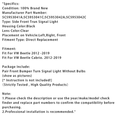 Coppia di indicatori di direzione anteriori per VW Beetle 2012-2019 senza lampadine 5C5953041A