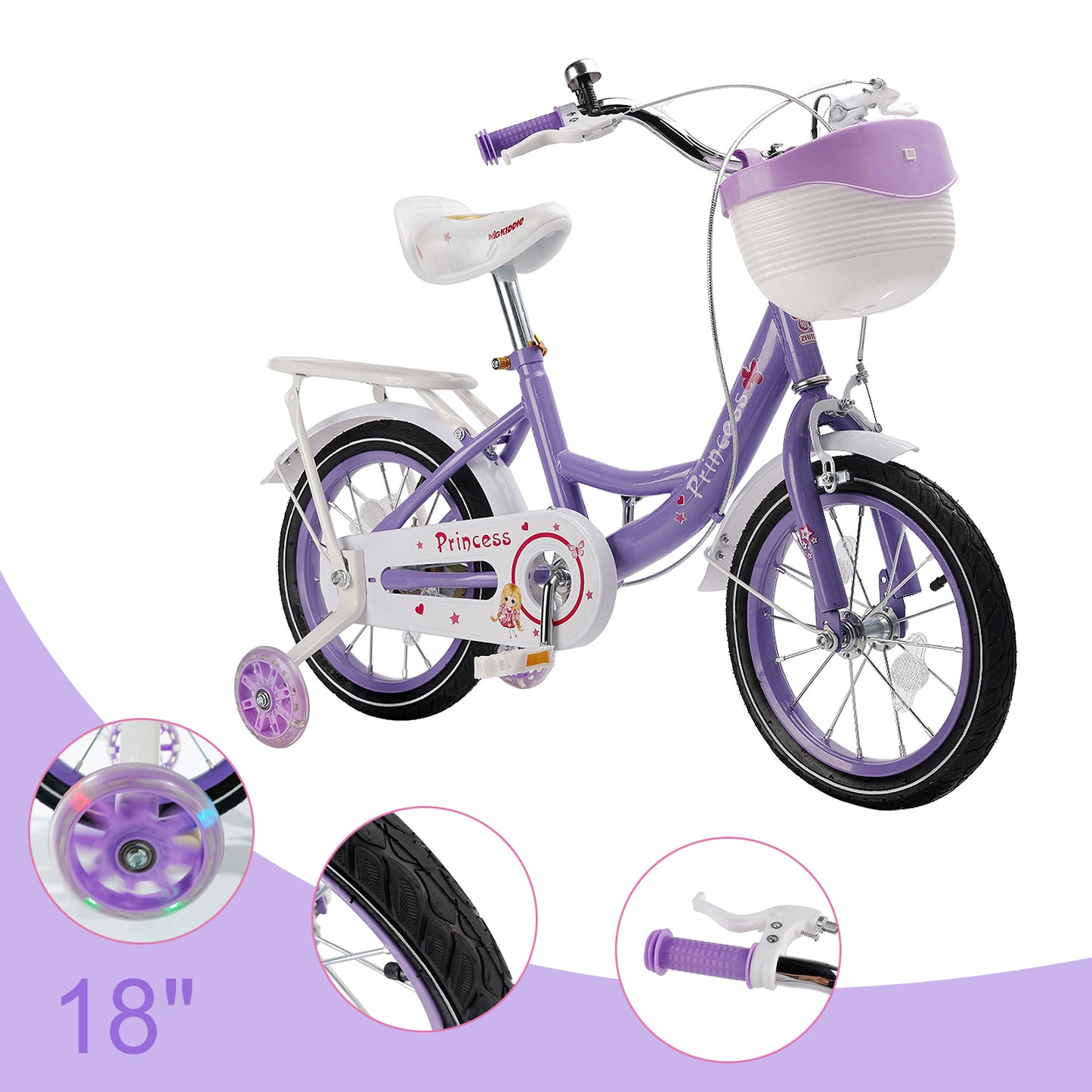 Bicicletta da principessa per bambini da 18" per ragazze, con ruote da allenamento rimovibili, rosa/viola