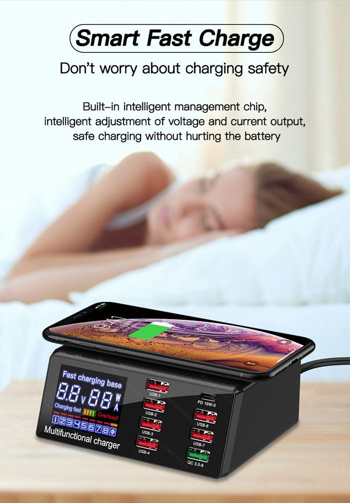 100W 8 Port USB QC3.0 PD Caricatore veloce Wireless Charging Station EU Plug