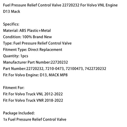 Valvola di controllo limitatrice della pressione del carburante VNL per camion Volvo 2012-2022 22720232
