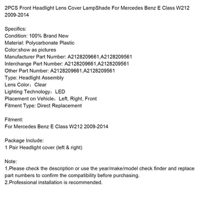 Copertura trasparente in vetro per fari anteriori Mercedes Benz Classe E W212 2009-2014 A2128209661
