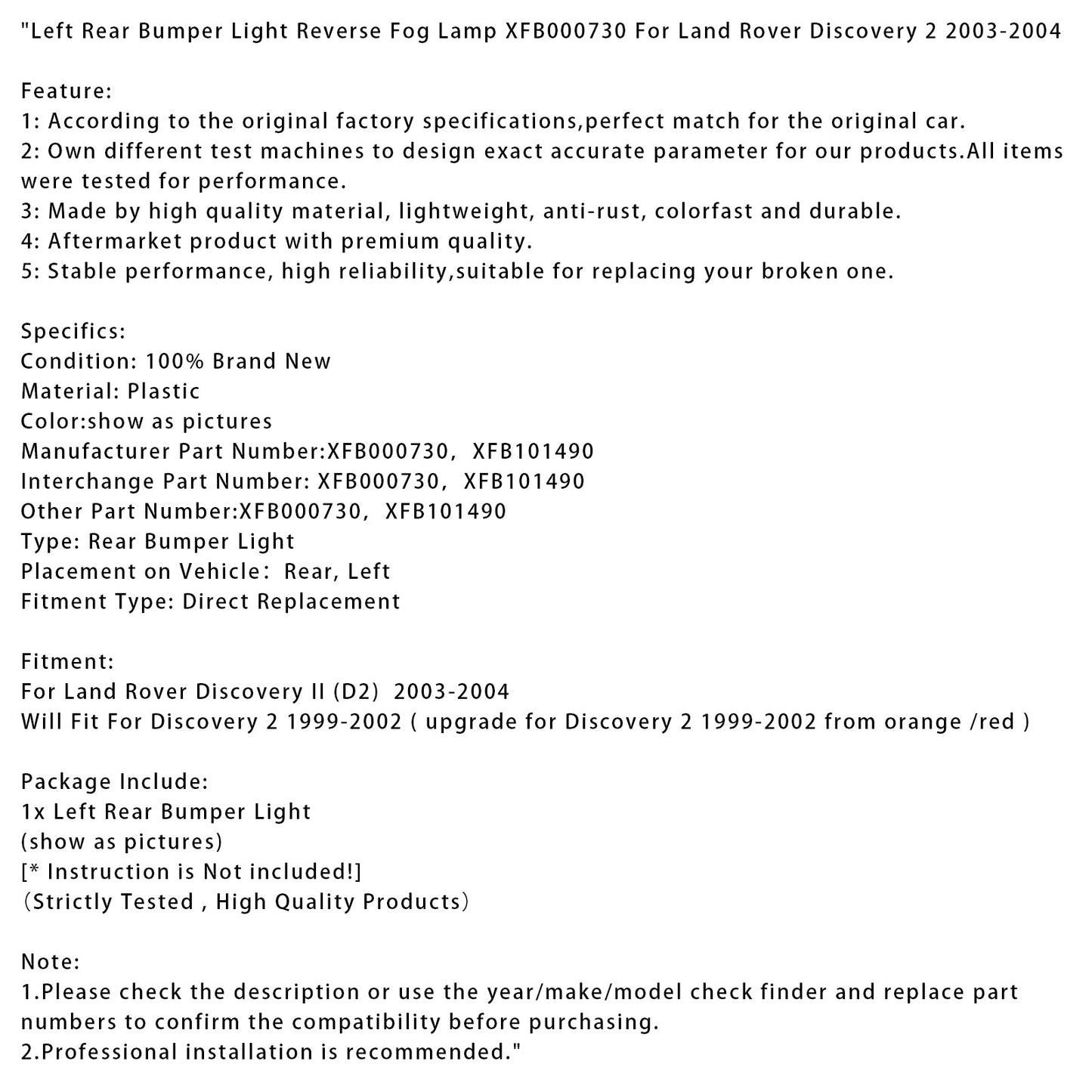 Luce paraurti posteriore sinistra Land Rover Discovery 2 2003-2004, luce fendinebbia di retromarcia