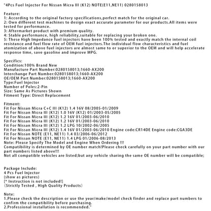 4 pezzi iniettori carburante per Nissan Micra III (K12) NOTE (E11 NE11) 0280158013