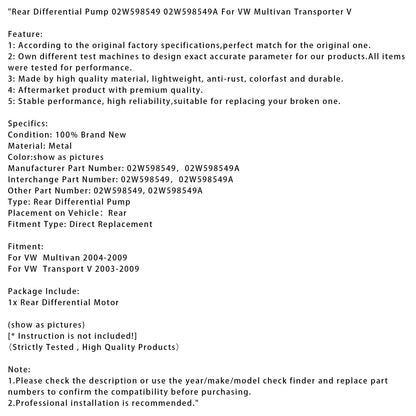Pompa differenziale posteriore VW Transport V 2003-2009 02W598549 02W598549A