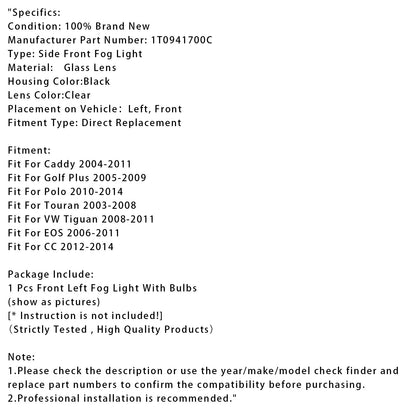 1 pz. Fendinebbia anteriore sinistro per Volkswagen Polo 2010-2014 Tiguan 2008-2011