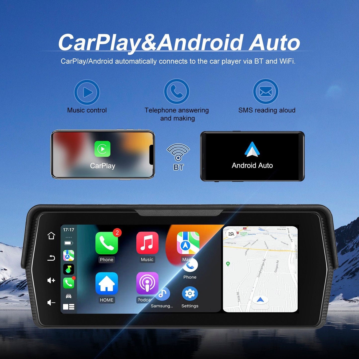 Mirroring dello schermo Android Auto Wireless CarPlay PND da 6,86 pollici per motociclette