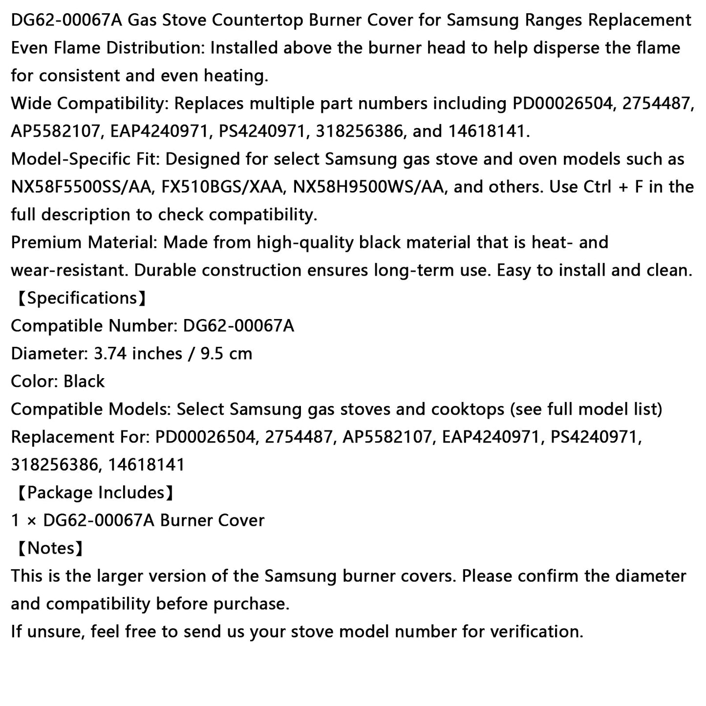 DG62-00067A Copertura bruciatore da banco per fornello a gas per sostituzione fornelli Samsung