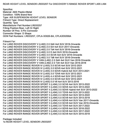 SENSORE DI LIVELLO ALTEZZA POSTERIORE LR033257 Per DISCOVERY 5 RANGE ROVER SPORT L405 L494