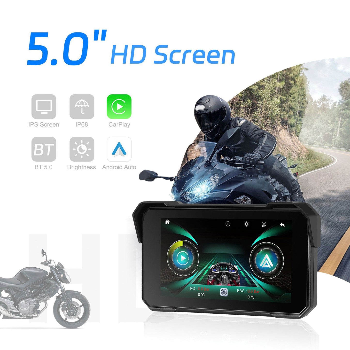 Navigazione Android Auto Wireless CarPlay da 5 pollici impermeabile per moto
