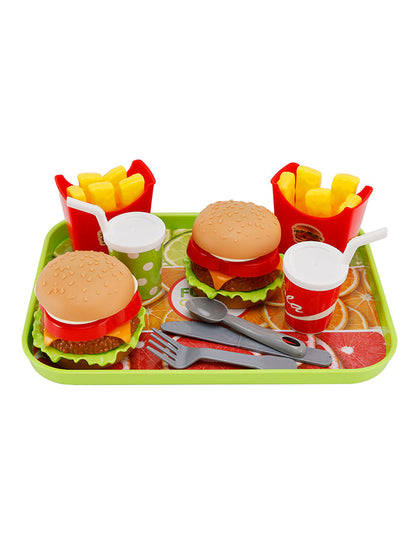 Set da cucina giocattolo per bambini con hamburger, waffle, patatine fritte, bevande e cibo finto.