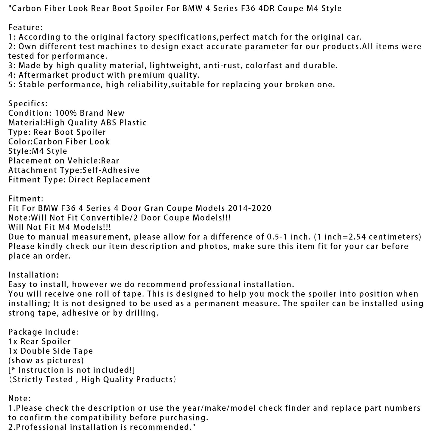 Spoiler posteriore in fibra di carbonio per BMW Serie 4 F36 4DR Coupé M4 Style