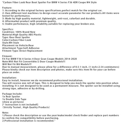 Spoiler posteriore in fibra di carbonio per BMW Serie 4 F36 4DR Coupé M4 Style