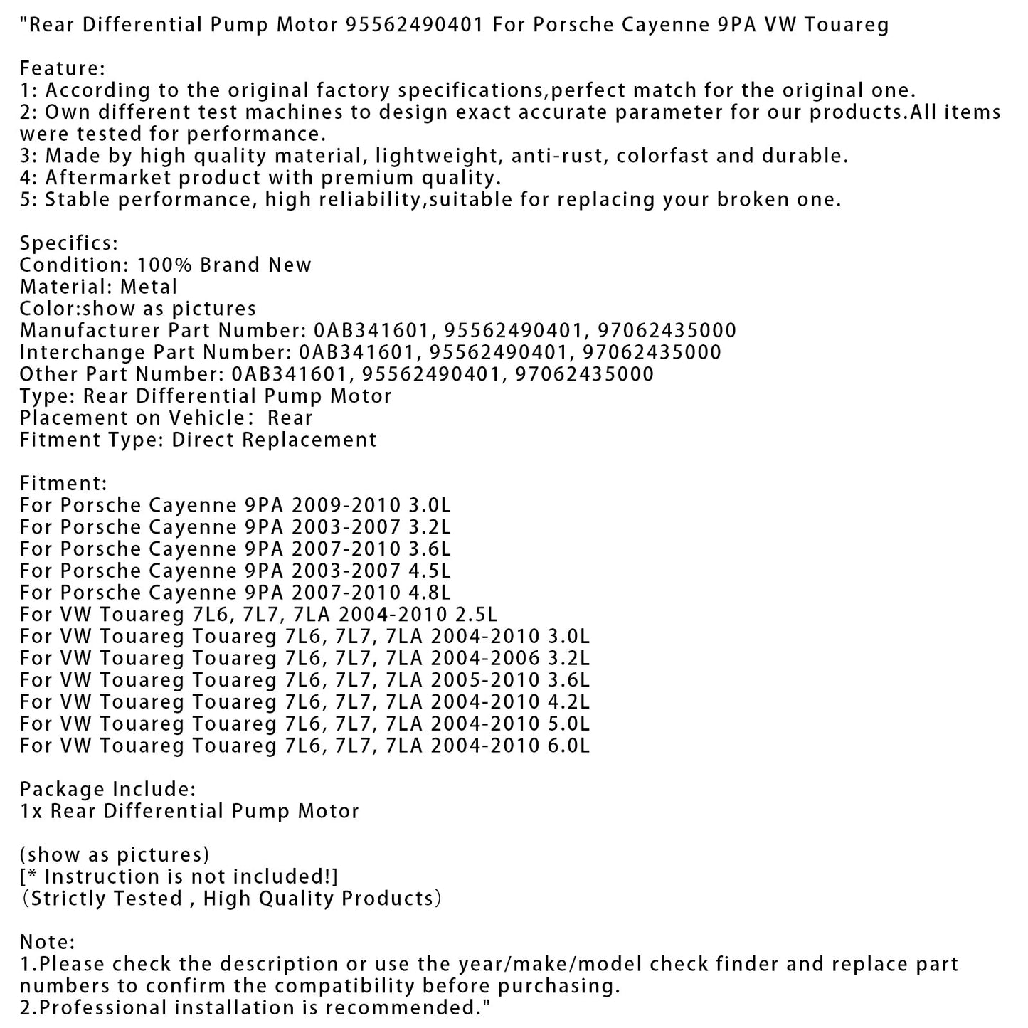 Motore pompa differenziale posteriore VW Touareg Touareg 7L6, 7L7, 7LA 6.0L 2004-2010 95562490401