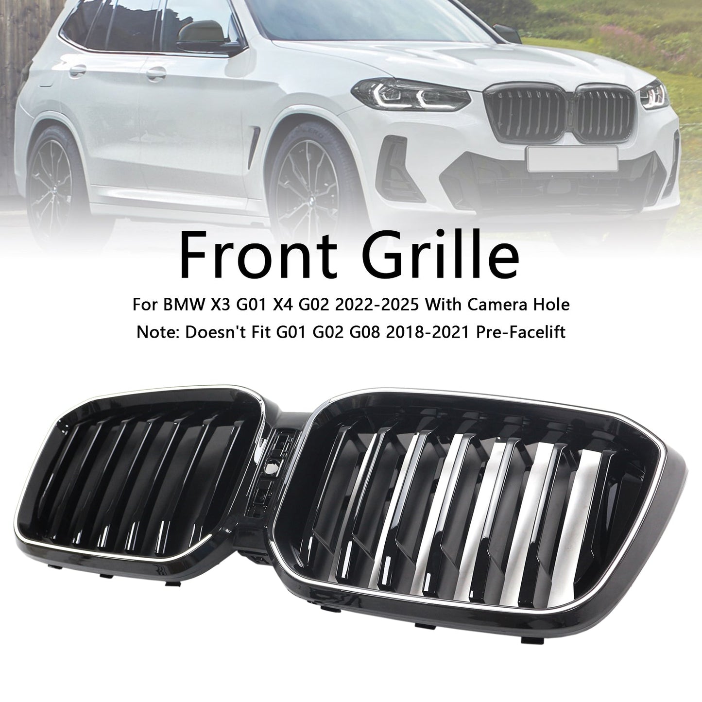 Griglia a rene paraurti anteriore nero lucido BMW X3 G01 X4 G02 2022-2025 con foro per telecamera
