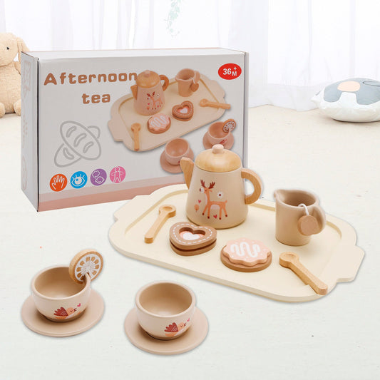 13 pezzi set da tè in legno da cucina occidentale, piatti da cucina giocattolo/set da tè per bambini
