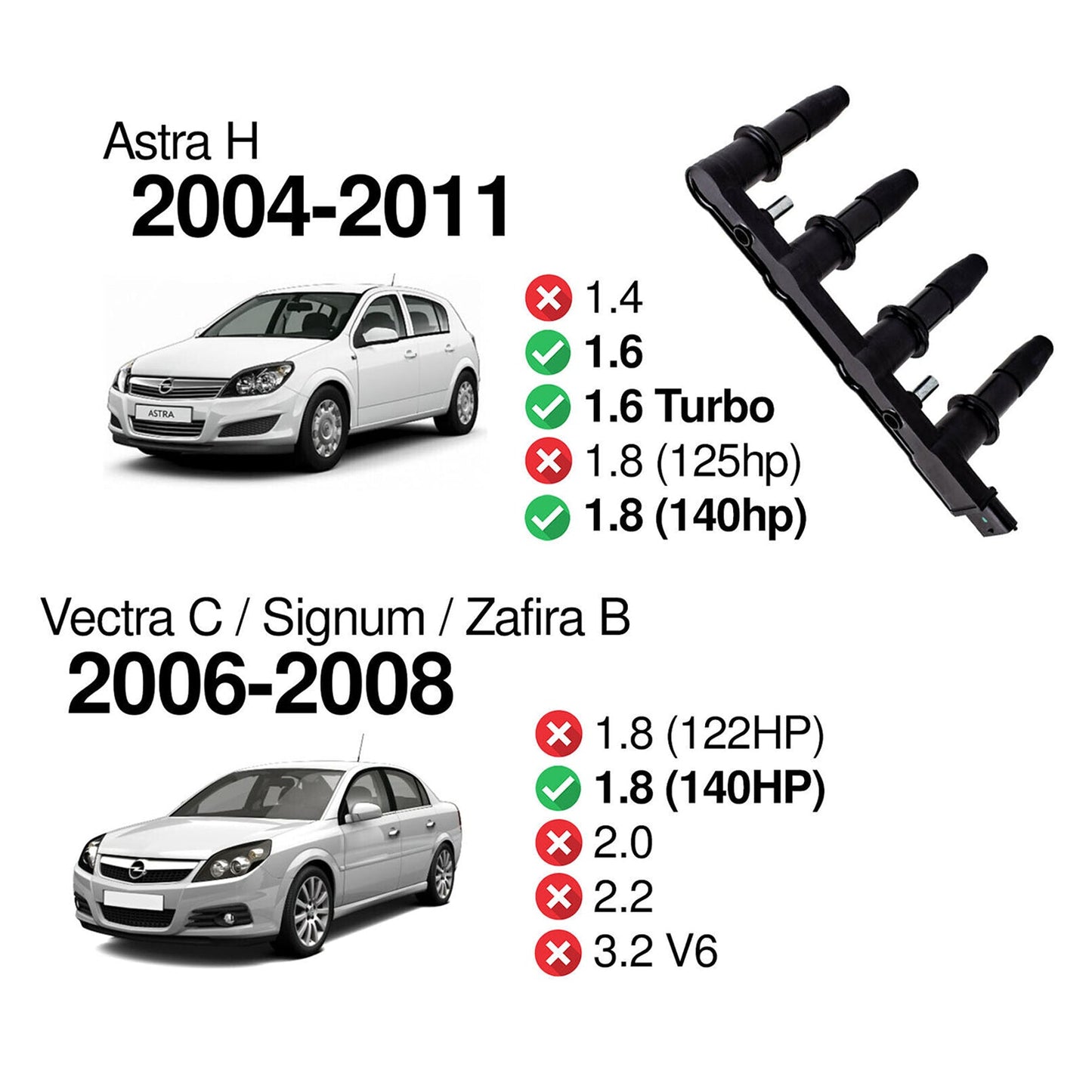 Pacchetto bobine di accensione 95517924 per Vauxhall Astra Corsa Zafira 1.6 1.8