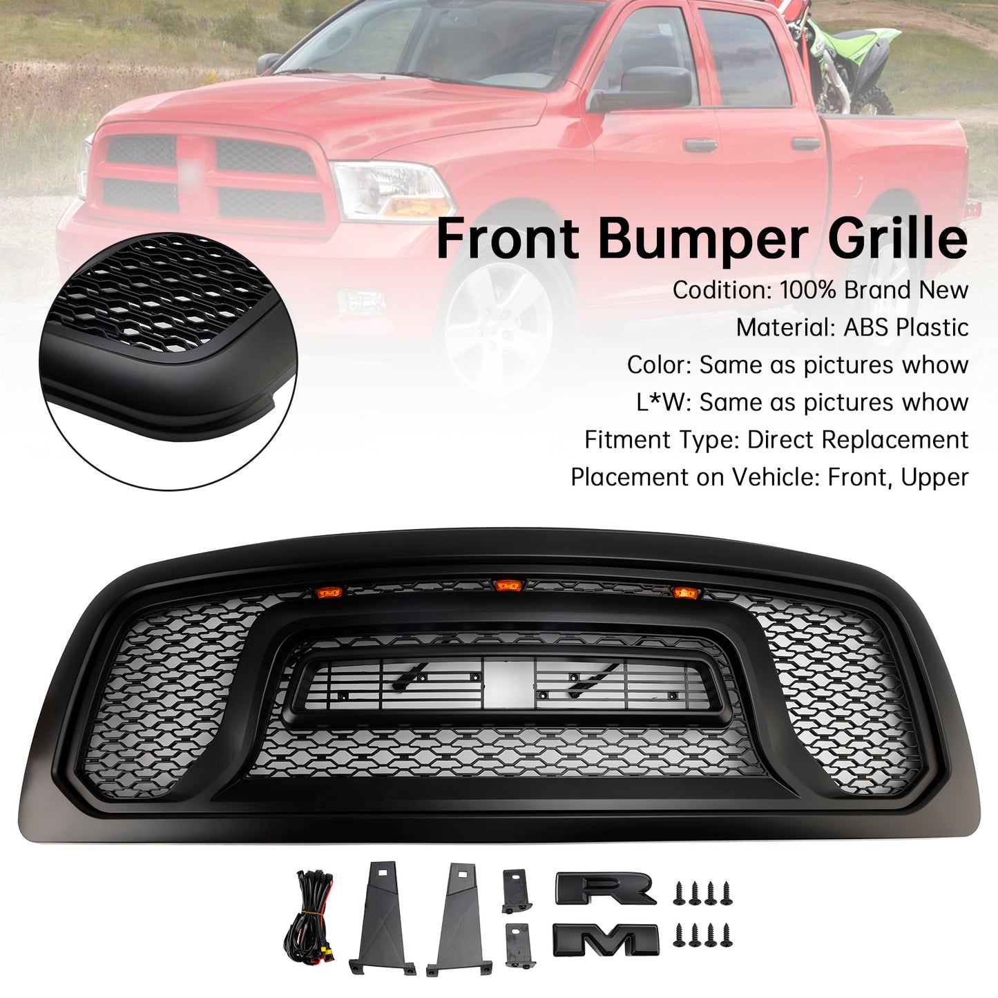 Griglia paraurti anteriore nera con luce a LED per Dodge Ram 1500 2009-2012