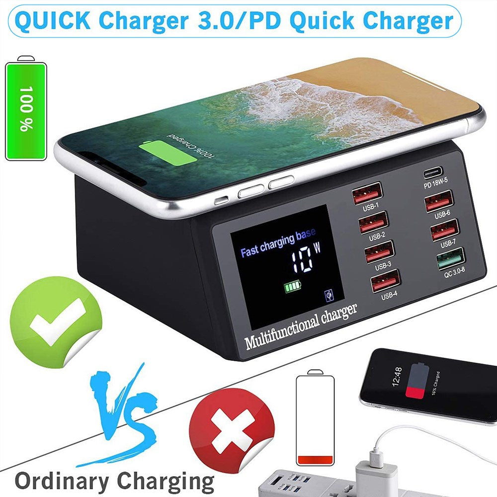 100W 8 Port USB QC3.0 PD Caricatore veloce Wireless Charging Station EU Plug