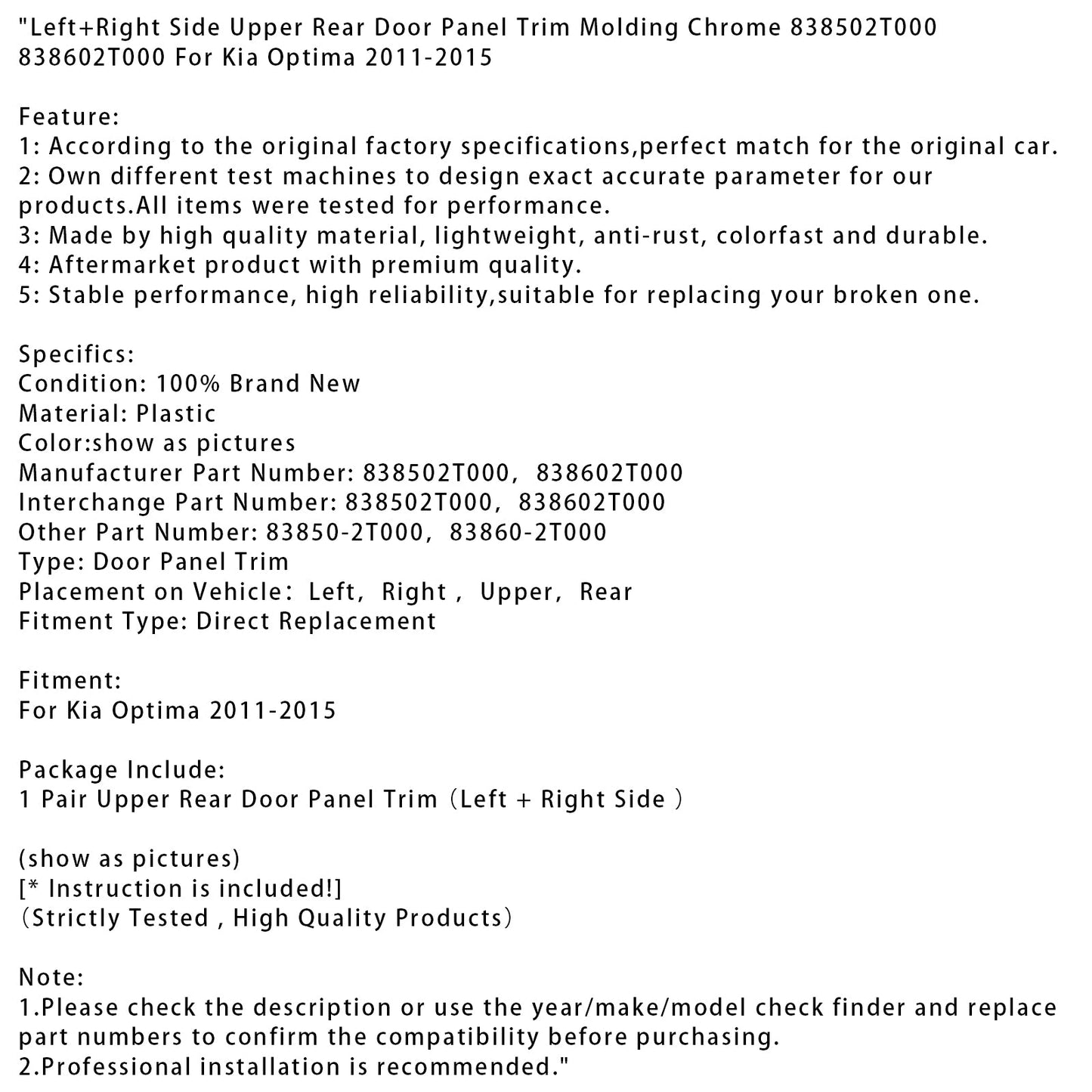 Modanatura del pannello superiore della portiera posteriore sinistra e destra Kia Optima 2011-2015