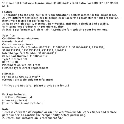 BMW X7 G07 M50iX 60iX- Differenziale Assale Anteriore Trasmissione Rapporto 3.38 8662811