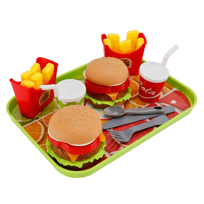Set da cucina giocattolo per bambini con hamburger, waffle, patatine fritte, bevande e cibo finto.