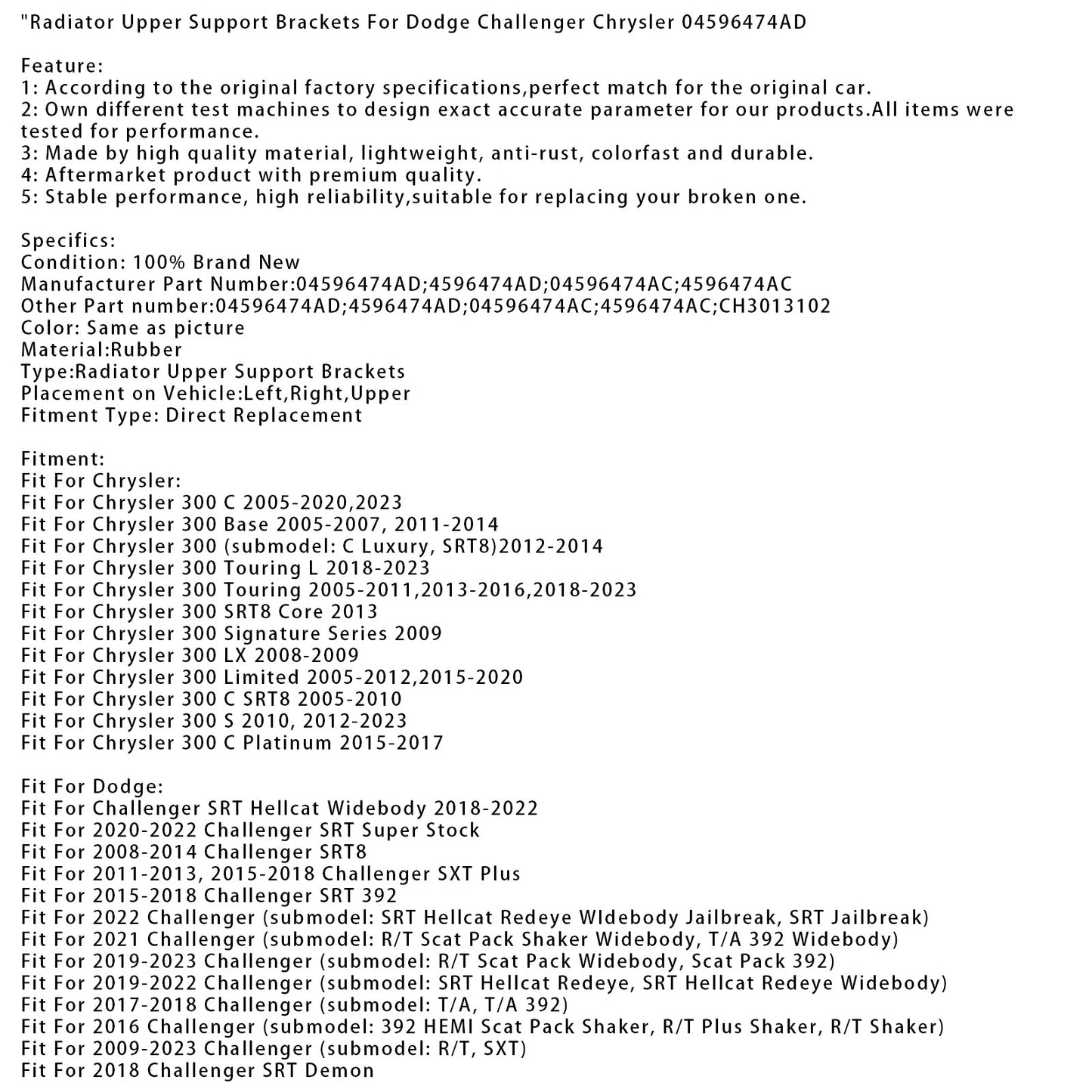 Staffe di supporto superiori del radiatore per Dodge Challenger Chrysler 04596474AD