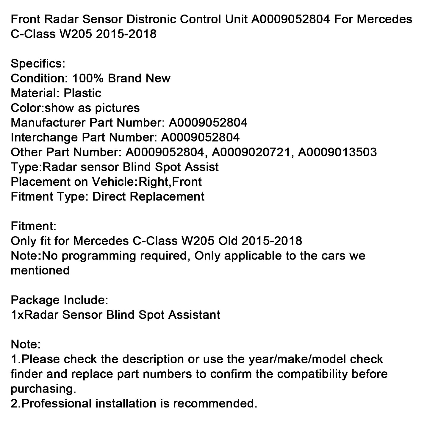Unità di controllo del sensore radar anteriore Mercedes Classe C W205 2015-2018 A0009052804 A0009020721