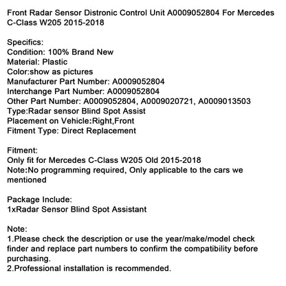 Unità di controllo del sensore radar anteriore Mercedes Classe C W205 2015-2018 A0009052804 A0009020721