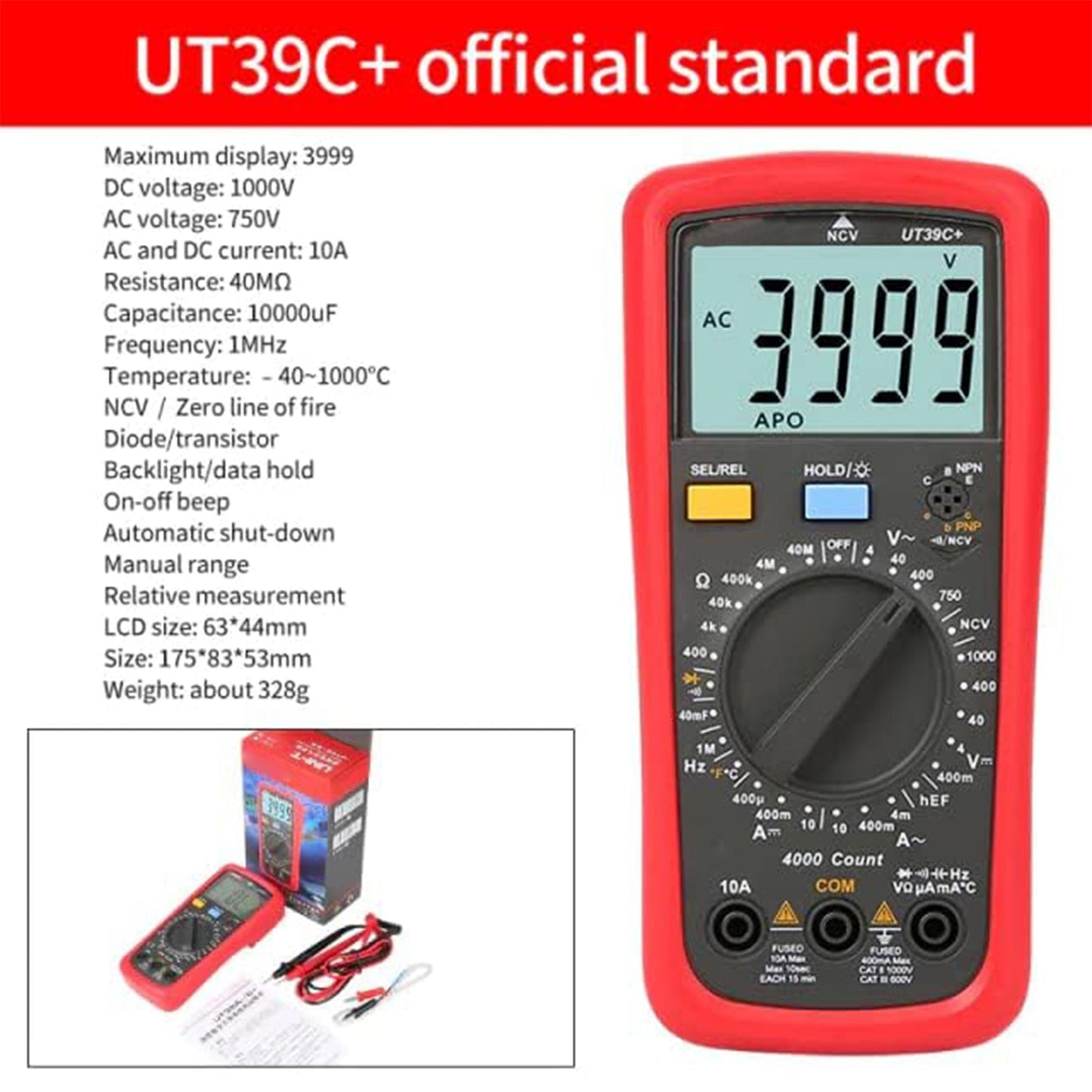 Multimetro digitale UT39C+ Voltmetro AC DC Ohm Cap Diodo Tester