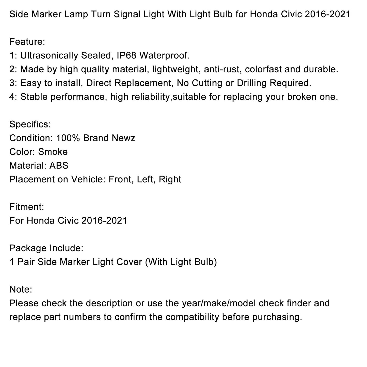 Indicatore di direzione della lampada di posizione laterale Honda Civic 2016-2021 con lampadina