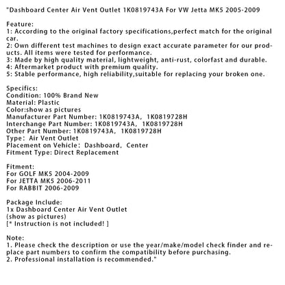 Uscita di ventilazione centrale per cruscotto JETTA MK5 2006-2011 1K0819743A