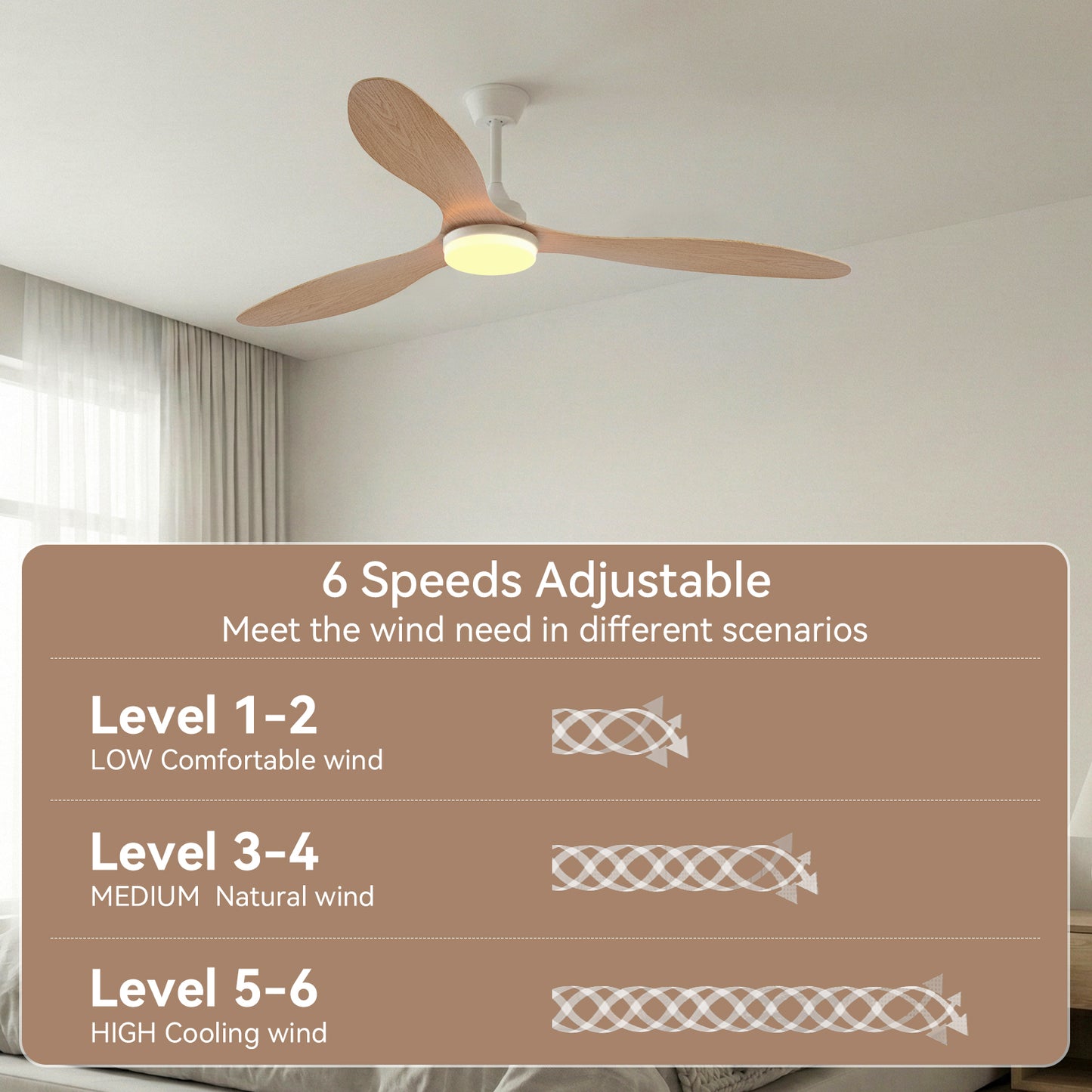 Telecomando Ventilatore moderno 52" con luce 6 velocità Nero-Bianco