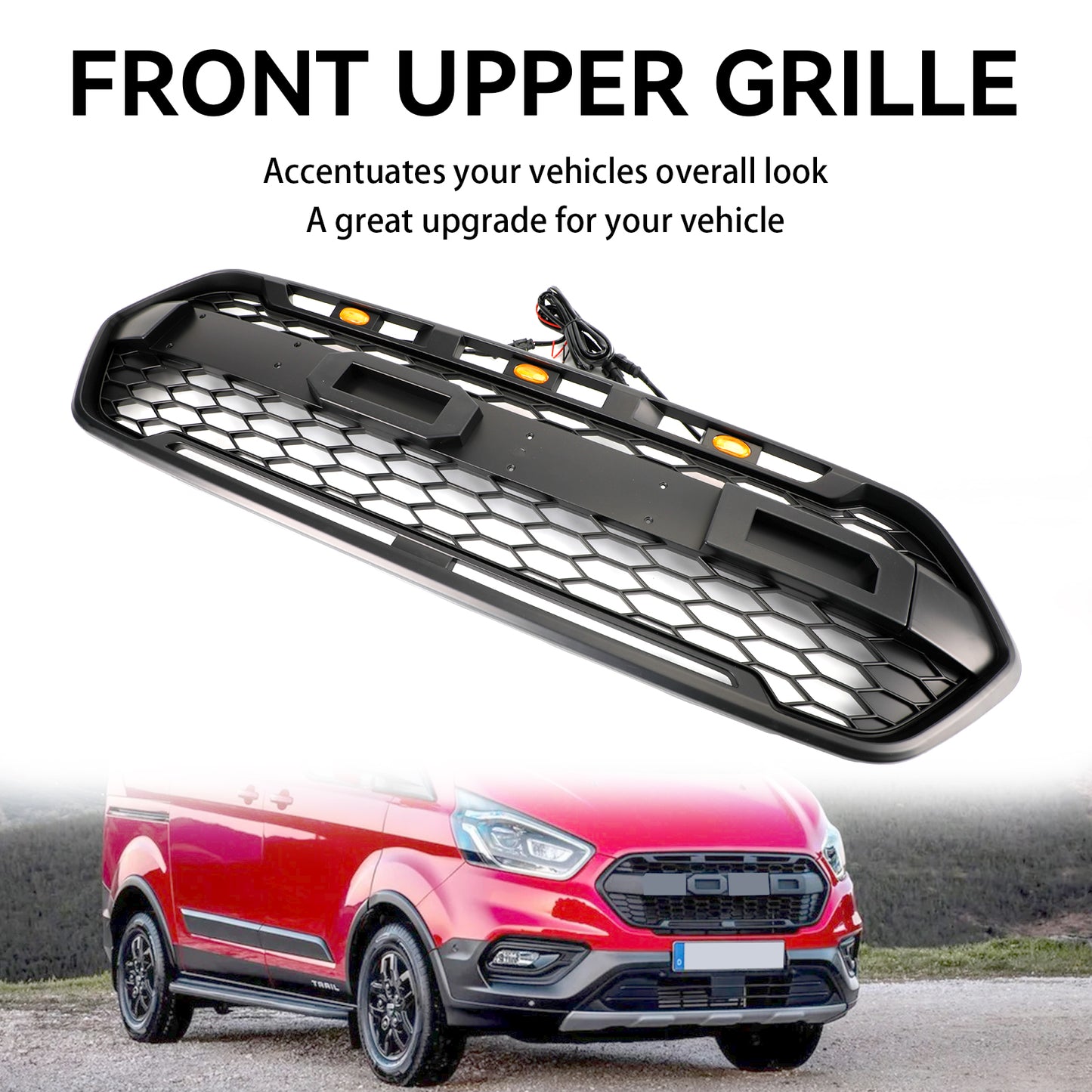 Matte Black Front Bumper Grille per Ford Transit Custom Trail 2018-2023 W/ 3LED