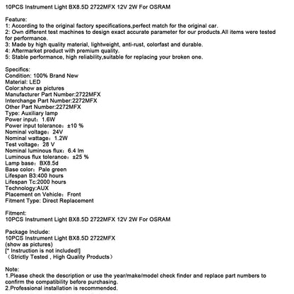 10 pezzi di luce per strumenti B8.5D 2741MFX 24 V 1,2 W per OSRAM