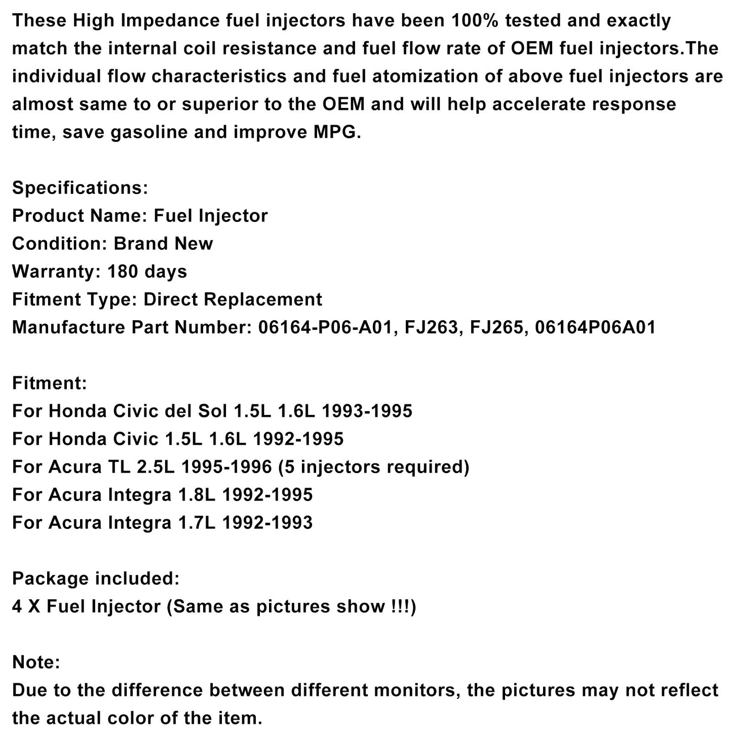 Iniettore di carburante 4 pezzi 06164-P06-A01 adatto per Civic Del Sol 1.5L 1.6L Integra 1.7L 1.8L