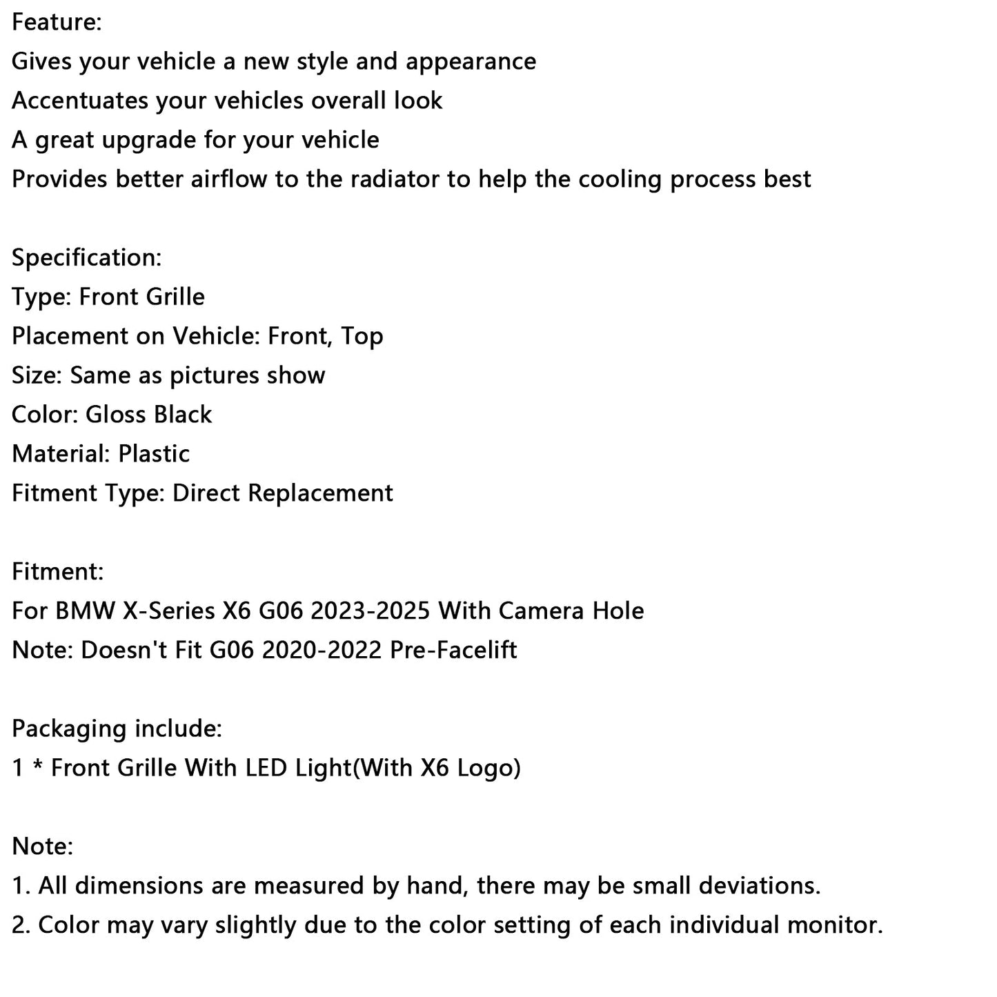 Griglia paraurti anteriore nera BMW X6 G06 M60i 2023-2025 con foro per telecamera