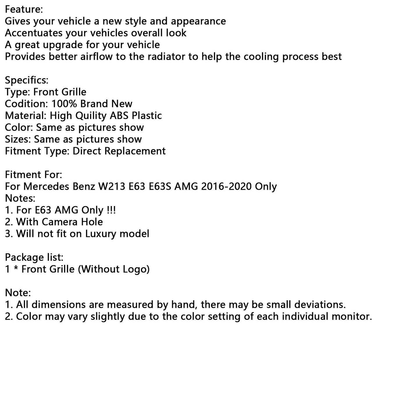 2016-2020 Mercedes Benz W213 E63 E63S AMG solo griglia paraurti anteriore