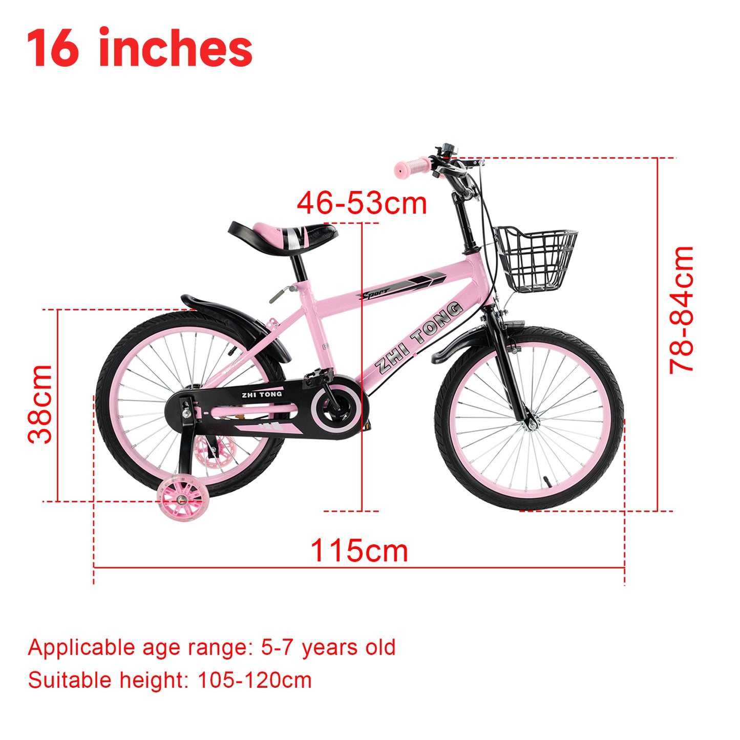 16 pollici di bici da bici per bambini sedile regolabile in bicicletta con ruote ausiliarie