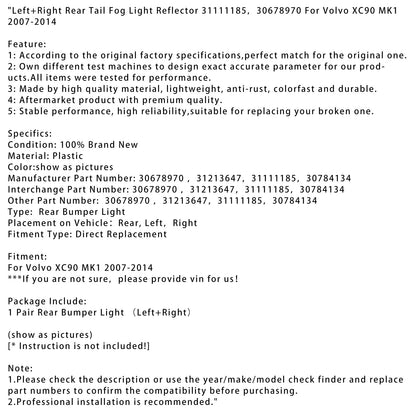 Riflettore fendinebbia posteriore sinistro+destro Volvo XC90 MK1 2007-2014 31111185 30678970