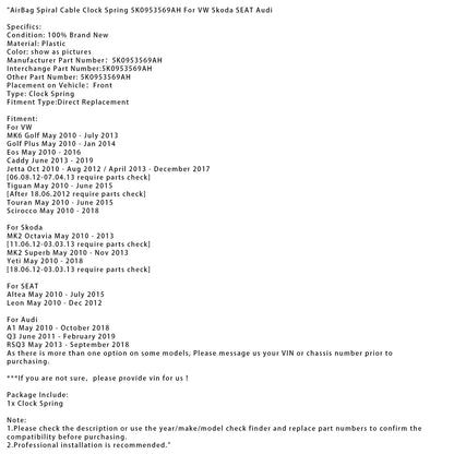 Molla a spirale per airbag Skoda Yeti 2010-2018, 5K0953569AH
